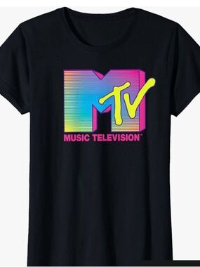 MTV Neon Gradient Logo Tee — Black with Yellow, Pink, Blue